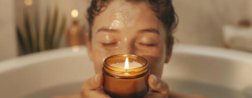 Woman enjoying relaxing in a bathtub with a lit candle, cozy spa ambiance with warm light photo