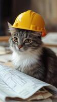 Cat wearing a construction helmet sitting on architectural blueprints, playful work concept photo