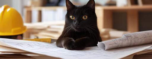 Black cat lying on architectural blueprints with a yellow hard hat nearby, work environment photo