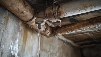 Water leaking from a rusted broken pipe in a basement, urgent repairs photo