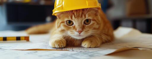 Adorable ginger cat wearing a construction helmet on architectural blueprints, playful photo