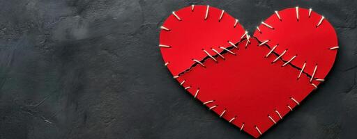 Red heart torn into pieces, sewn with thread. Healing and emotional recovery. photo