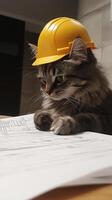 Adorable cat wearing a construction helmet sitting on architectural blueprints, playful work concept photo