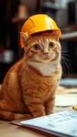 Ginger cat wearing a construction helmet sitting on architectural blueprints, playful photo
