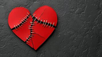 Red heart torn into pieces. Sewn with thread. Healing and emotional recovery photo