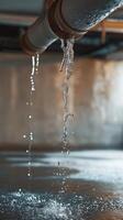 Water leaking from a rusted broken pipe in a basement, dripping onto the floor, urgent repairs. photo