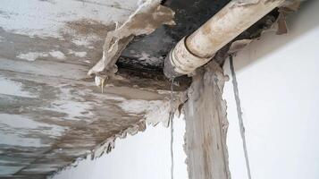 Water leaking from a broken pipe in a basement, dripping onto the floor, urgent repairs photo