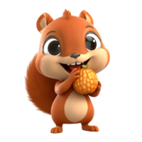 Joyful chibi squirrel holding acorn in playful forest setting cute animation whimsical environment cheerful concept png
