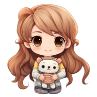 Charming chibi girl with teddy bear cozy room digital illustration whimsical close-up view innocence and joy png