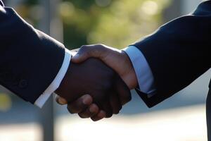 Handshake between two men wearing suits in an outdoor setting photo