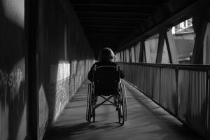 A view from behind of a person sitting in a wheelchair looking down a walkway photo