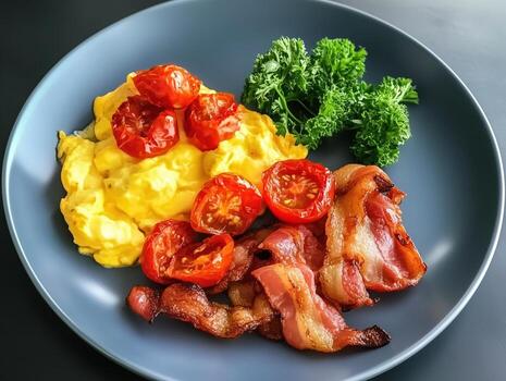 Fried bacon, scrambled eggs and roast tomatoes breakfast photo