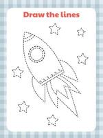 Task for primary school children with line tracing on a space theme with a simple rocket among the stars vector