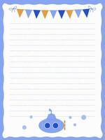 Diary page with a cute little submarine for boys vector