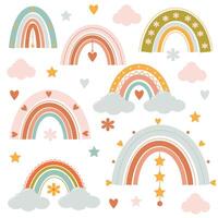 Set of cute colored rainbows with different decorative elements in flat style for children's design vector