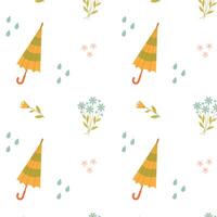 Spring pattern with folded striped umbrella, raindrops and flowers vector
