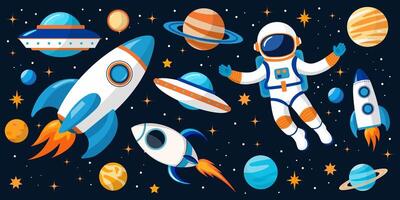A set of space-themed elements for children with an astronaut, rockets and planets vector