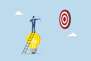 Idea to achieve target, entrepreneur ascends ladder on bright concept to aim at goal. vector