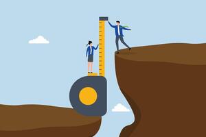 Gap analysis, business people measuring gap between cliff. vector