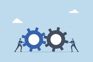 Teamwork and cooperation in a business setting, Entrepreneur drives gear cogs together resulting in achievement. vector