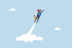 Business takeoff, Entrepreneur with rocket propulsion launching swiftly towards new opportunities. vector