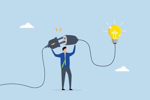Creativity idea to get solution to solve problem, clever entrepreneur links electric socket to activate brilliant lightbulb concept. vector