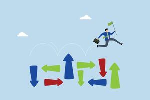 Overcome uncertainty, entrepreneur leaping towards unpredictability with arrows pointing in various directions. vector