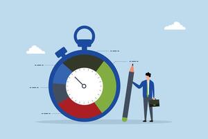 Time tracking system, businessman stands with stopwatch timer and time spent pie chart. vector