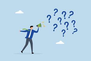 Ask questions to get answer for solving problem, businessman poses inquiries on megaphone filled with numerous question marks. vector
