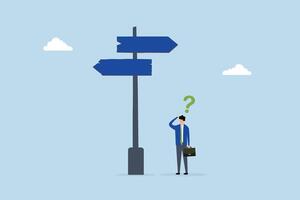 Choosing between 2 choices, businessman contemplating with question mark selecting between two paths with blank area. vector