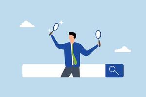 Search, entrepreneur using magnifying glass uncovers new websites from search field. vector