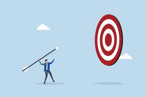 Aiming for big goal, entrepreneur launching large dart, targeting bullseye of dartboard. vector