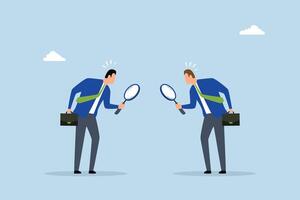 Suspicious, distrustful entrepreneurs scrutinize one another with a magnifying lens vector