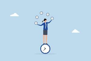 Time management for best efficiency and productivity, businesswoman balancing clocks while maintaining her own equilibrium on clock. vector