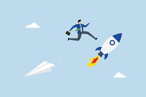 Change to better company, aspiring entrepreneur leaps from vintage origami plane to ascending rocket. vector