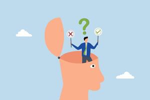 Decision making, entrepreneur in his mind determining whether choice is correct or incorrect. vector