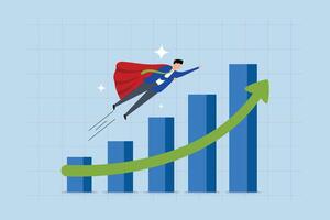 growing business success, entrepreneur hero soar above rapidly increasing growth graph. vector
