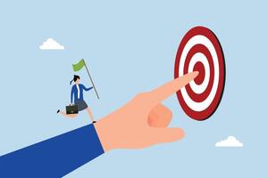 Goal oriented, businesswoman run on hand pointing toward target. vector