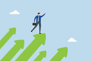 Company success moving forward, confident entrepreneur positioned on ascending arrows directed toward sky next objective. vector
