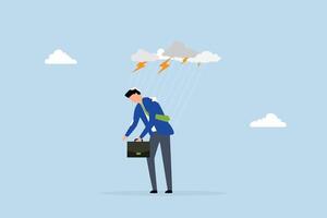 Having bad day, depressed wet businessman walking in raining thunderstorm. vector