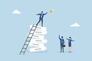 Communication for success, businessman ascends via conversation bubble to touch star. vector
