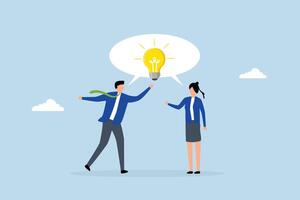 Communicate idea in business discussion, businessman and woman coworker talking speech bubble with lightbulb idea. vector