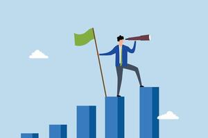 Vision to see next goal, entrepreneur ascend on upward chart seek next objective. vector