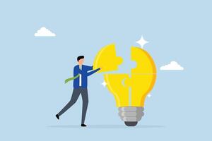 Problem solver, clever entrepreneur completing lightbulb concept puzzle by placing final jigsaw piece. vector