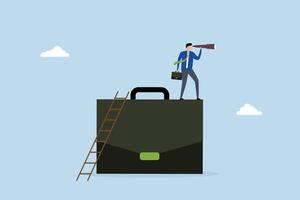 Career future, businessman climb up on briefcase see through binoculars. vector