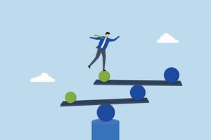 Work life balance, entrepreneur maintains equilibrium on steady scale symbolizing life balance. vector