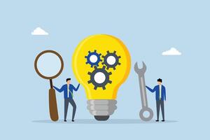 Product development, entrepreneur with magnifying glass and lightbulb concept with gears. vector