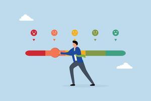 Dissatisfaction, man pushing rating bar to dissatisfaction level. vector