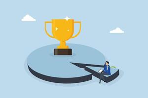 Pareto principle, entrepreneur analyzing 20 percent pie chart alongside trophy on 80 segment. vector