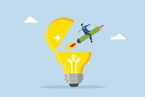 Creativity to create new idea, man riding pencil rocket from opening lightbulb. vector